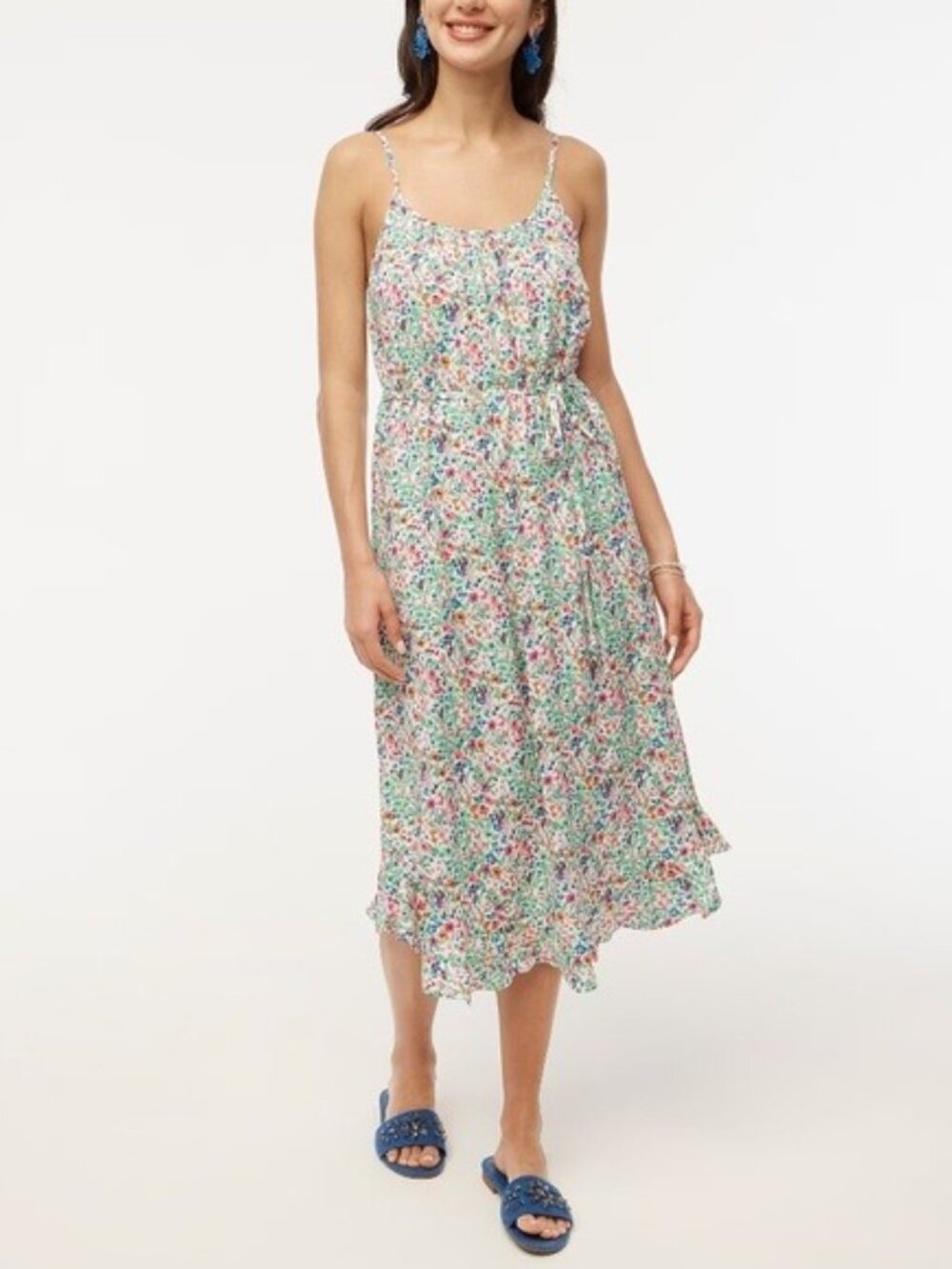 J. Crew Ruffle Midi Curved Hem Dress Green 2 #A1828